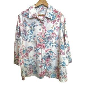 Foxcroft Plus Size 22W Shaped Wrinkle Free Cotton Blend Paisley Button Up Blouse